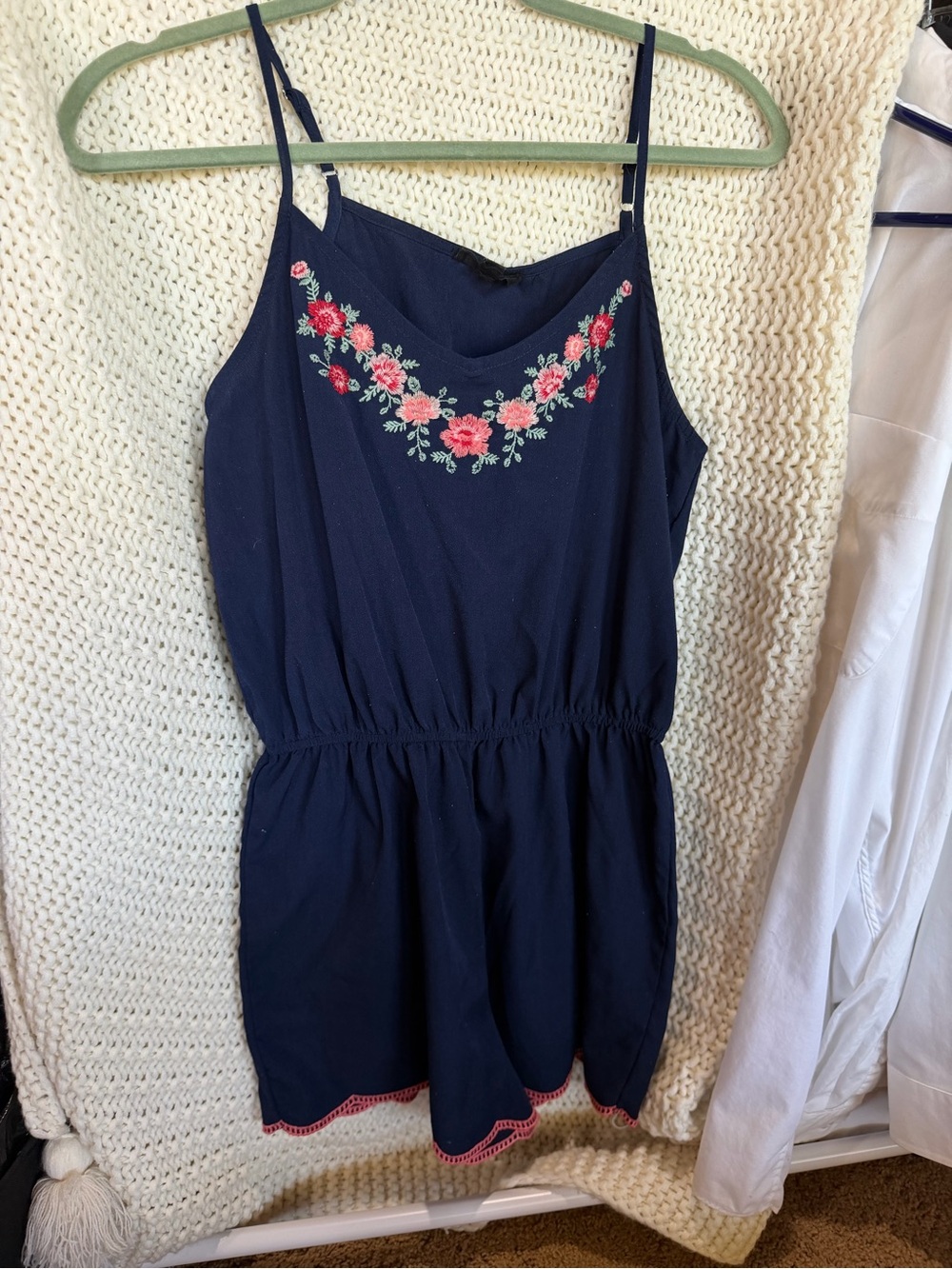 Navy Floral Embroidered Romper with Pink Accents